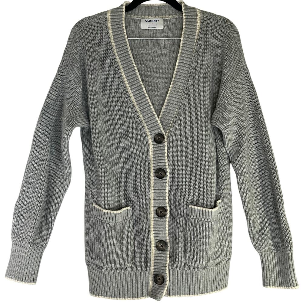Old Navy Gray Blue Button Front Relaxed Varsity Cardi Sweater Size M